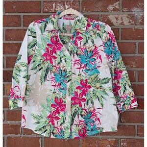 Chicos No Iron Wrinkle Resistant Sz 1 (8) Tropical Print Shirt 3/4 Sleeves NWOT